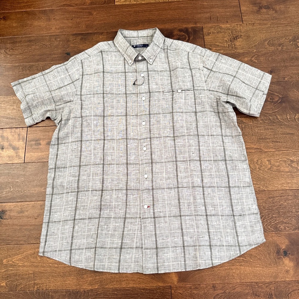 Cremieux Olive Plaid Button Down 100% Linen Short Sleeve Shirt Men's Size XL